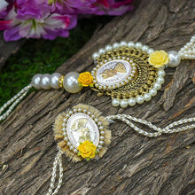 Load image into Gallery viewer, Pretty Silver Coin & Pearl Bhaiya Bhabhi Rakhi Set of 2