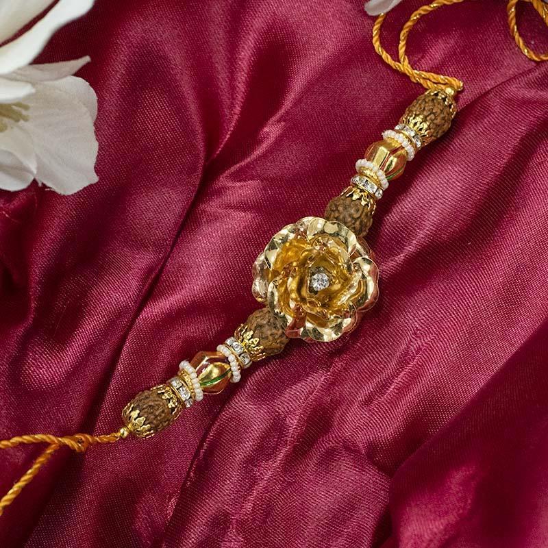 24K Gold Foil Rose & Rudraksha Rakhi