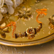 Load image into Gallery viewer, 24K Gold Foil Rose &amp; Rudraksha Rakhi
