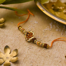 Load image into Gallery viewer, 24K Gold Foil Rose &amp; Rudraksha Rakhi
