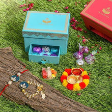 Load image into Gallery viewer, Bejewelled Peacock Blue Bhaiya Bhabi Rakhi Box
