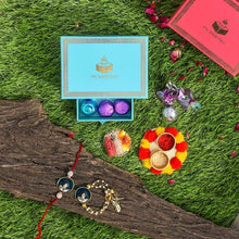 Load image into Gallery viewer, Bejewelled Peacock Blue Bhaiya Bhabi Rakhi Box
