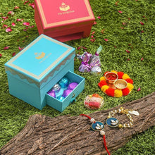 Load image into Gallery viewer, Bejewelled Peacock Blue Bhaiya Bhabi Rakhi Box
