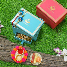 Load image into Gallery viewer, Bejewelled Peacock Blue Bhaiya Bhabi Rakhi Box
