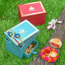 Load image into Gallery viewer, Bejewelled Peacock Blue Bhaiya Bhabi Rakhi Box
