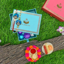 Load image into Gallery viewer, Bejewelled Peacock Blue Bhaiya Bhabi Rakhi Box
