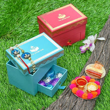 Load image into Gallery viewer, Bejewelled Peacock Blue Bhaiya Bhabi Rakhi Box
